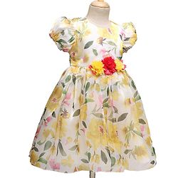 Babyhug Woven Half Sleeves Party Dress With Floral Print & Applique - White