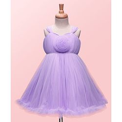 Babyhug Woven Sleeveless Solid Ruffled Mesh Party Dress With Floral Corsage - Lavender