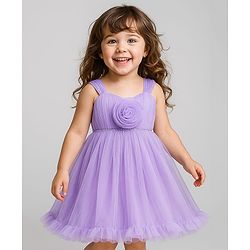 Babyhug Woven Sleeveless Solid Ruffled Mesh Party Dress With Floral Corsage - Lavender