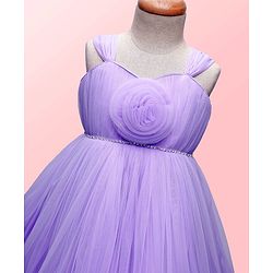 Babyhug Woven Sleeveless Solid Ruffled Mesh Party Dress With Floral Corsage - Lavender