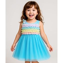 Babyhug Woven Sleeveless Party Dress With Ruffles on Yoke - Light Blue