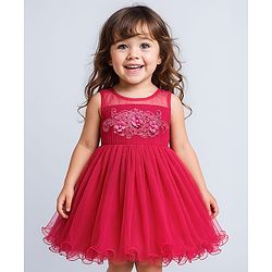 Babyhug Woven Sleeveless Mesh Party Dress with Floral Applique on Yoke - Dark Pink