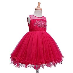 Babyhug Woven Sleeveless Mesh Party Dress with Floral Applique on Yoke - Dark Pink