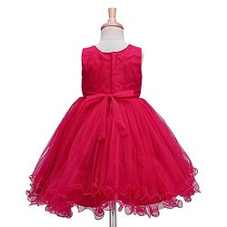 Babyhug Woven Sleeveless Mesh Party Dress with Floral Applique on Yoke - Dark Pink