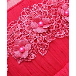Babyhug Woven Sleeveless Mesh Party Dress with Floral Applique on Yoke - Dark Pink