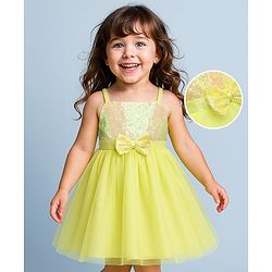 Babyhug Woven Sleeveless Fit & Flare Mesh Party Dress with Sequinned Yoke & Bow Applique - Yellow
