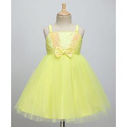 Babyhug Woven Sleeveless Fit & Flare Mesh Party Dress with Sequinned Yoke & Bow Applique - Yellow