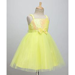 Babyhug Woven Sleeveless Fit & Flare Mesh Party Dress with Sequinned Yoke & Bow Applique - Yellow