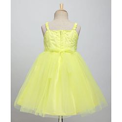 Babyhug Woven Sleeveless Fit & Flare Mesh Party Dress with Sequinned Yoke & Bow Applique - Yellow