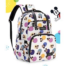 Babyhug Disney Retro Mickey Pop Smart Diaper Backpack - White| Adjustable Padded Shoulder Strap| Insulated Bottle Pouches| Wipes Dispenser| Wide opening| Anti-theft Back Pouch