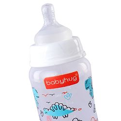 Babyhug Wide Neck Feeding Bottle with Silicone Nipple Dino Print - 250ml| Microwave and Sterilizer Safe| BPA Free| Easy to Clean & Hygienic| Measuring Scale| Anti-colic| Leak Proof