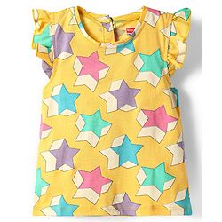 Babyhug Cotton Knit Frill Sleeves Co-ords Shorts Night Wear With Star Print - Yellow