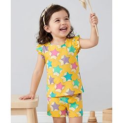 Babyhug Cotton Knit Frill Sleeves Co-ords Shorts Night Wear With Star Print - Yellow