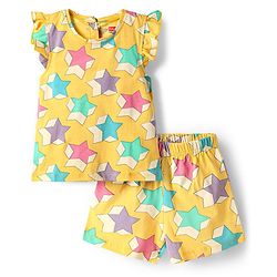 Babyhug Cotton Knit Frill Sleeves Co-ords Shorts Night Wear With Star Print - Yellow