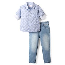 Babyhug Cotton Woven Full Sleeves Printed Shirt & Denim Jeans Set - Blue