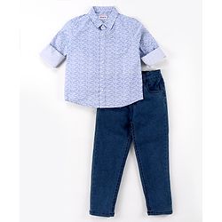 Babyhug Cotton Woven Full Sleeves Printed Shirt & Denim Jeans Set - Blue