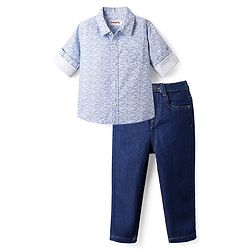 Babyhug Cotton Woven Full Sleeves Printed Shirt & Denim Jeans Set - Blue