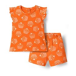 Babyhug Cotton Knit Frill Sleeves Shorts Co-Ord Night Suit With Cupcake Print - Orange
