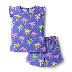 Babyhug 100% Cotton Knit Frill Sleeves Co-ords Shorts Night Suit With Tropical Theme Print - Violet