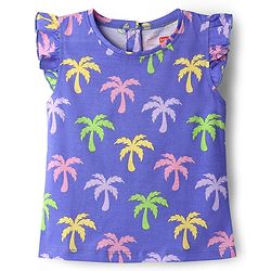 Babyhug 100% Cotton Knit Frill Sleeves Co-ords Shorts Night Suit With Tropical Theme Print - Violet