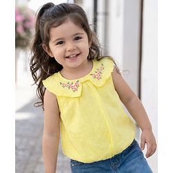 Babyhug Cotton Woven Sleeveless Peter Pan Collar Top with Floral Embroidery - Yellow
