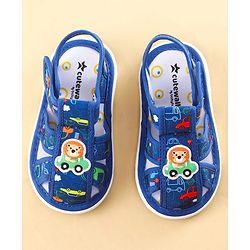 Cute Walk by Babyhug Sandals with Velcro Closure Car Print & Lion Applique - Blue