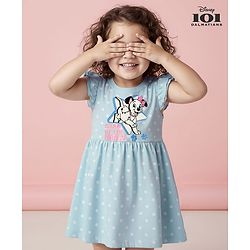 Babyhug Disney Single Jersey Knit Half Sleeves Frock With 101 Dalmatian Graphics And Frill Detailing - Light Blue