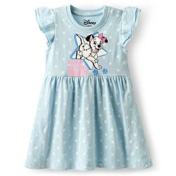 Babyhug Disney Single Jersey Knit Half Sleeves Frock With 101 Dalmatian Graphics And Frill Detailing - Light Blue