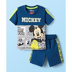 Babyhug Disney Single Jersey Knit Half Sleeves T-Shirt & Shorts Set With Mickey Mouse Graphics - Navy Blue
