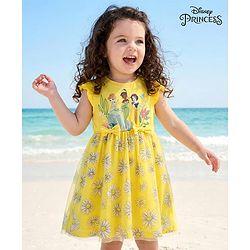 Babyhug Disney Single Jersey Knit Frill Sleeves Frock With Disney Princess Graphics & Bow Applique - Yellow