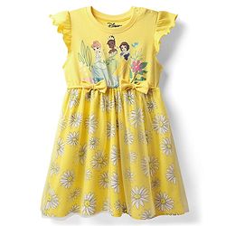 Babyhug Disney Single Jersey Knit Frill Sleeves Frock With Disney Princess Graphics & Bow Applique - Yellow