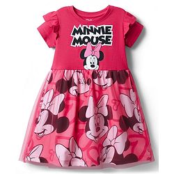 Babyhug Disney Single Jersey Knit Half Sleeves Frock With Minnie Mouse Graphics & Frill Detailing - Dark Pink