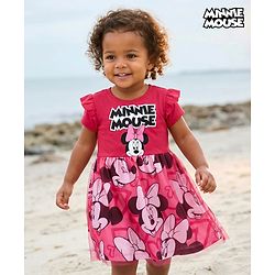 Babyhug Disney Single Jersey Knit Half Sleeves Frock With Minnie Mouse Graphics & Frill Detailing - Dark Pink