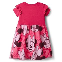 Babyhug Disney Single Jersey Knit Half Sleeves Frock With Minnie Mouse Graphics & Frill Detailing - Dark Pink