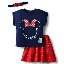 Babyhug Disney Single Jersey Knit Half Sleeves Top & Skirt With Headband & Minnie Mouse Graphics & Badge Detailing - Navy Blue & Red