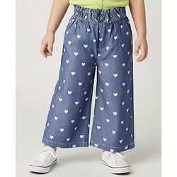 Babyhug Cotton Denim Ankle Length Culottes With Heart Print - Blue