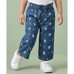 Babyhug Ankle Length Cotton Denim Culottes with Floral Print & Bow Applique - Navy Blue