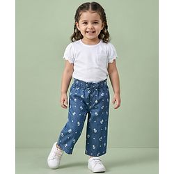 Babyhug Ankle Length Cotton Denim Culottes with Floral Print & Bow Applique - Navy Blue