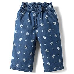 Babyhug Ankle Length Cotton Denim Culottes with Floral Print & Bow Applique - Navy Blue