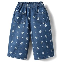 Babyhug Ankle Length Cotton Denim Culottes with Floral Print & Bow Applique - Navy Blue