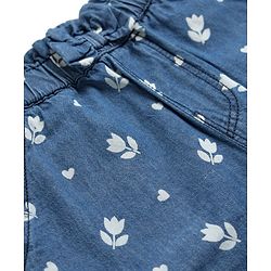 Babyhug Ankle Length Cotton Denim Culottes with Floral Print & Bow Applique - Navy Blue