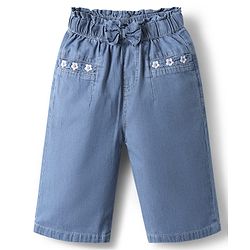 Babyhug 100% Cotton Ankle Length Denim Culotte With Bow Applique & Floral Embroidery - Light Blue