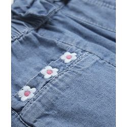 Babyhug 100% Cotton Ankle Length Denim Culotte With Bow Applique & Floral Embroidery - Light Blue
