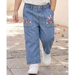 Babyhug Ankle Length Cotton Denim Culottes with Floral Embroidery - Light Blue