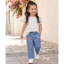 Babyhug Ankle Length Cotton Denim Culottes with Floral Embroidery - Light Blue