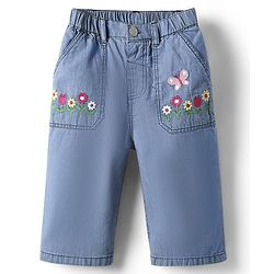 Babyhug Ankle Length Cotton Denim Culottes with Floral Embroidery - Light Blue