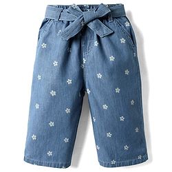 Babyhug Cotton Denim Ankle Length Culottes with Belt & Floral Print - Blue