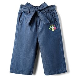 Babyhug Cotton Denim Ankle Length Culottes With Floral Embriodery - Blue