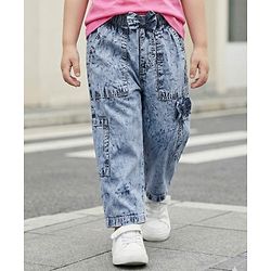 Babyhug 100% Cotton Ankle Length Denim Washed Culotte With Bow Applique - Light Blue