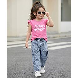 Babyhug 100% Cotton Ankle Length Denim Washed Culotte With Bow Applique - Light Blue